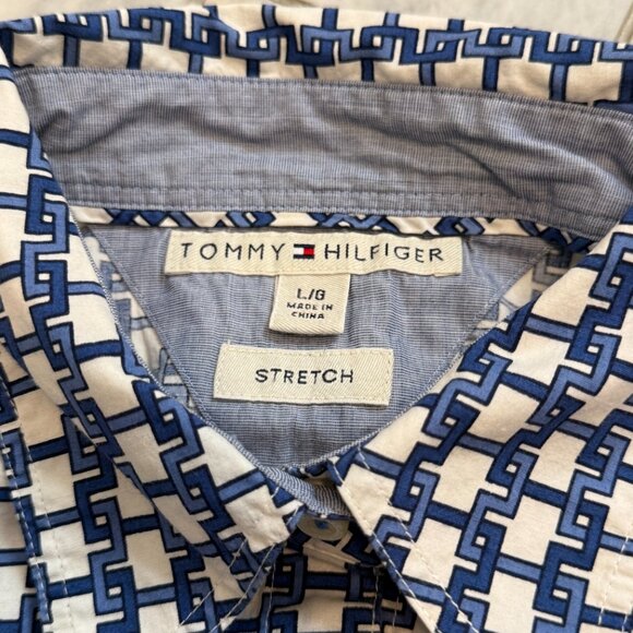 NEW Tommy Hilfiger women's large navy/white STRETCH button down long shirt - Picture 2 of 5